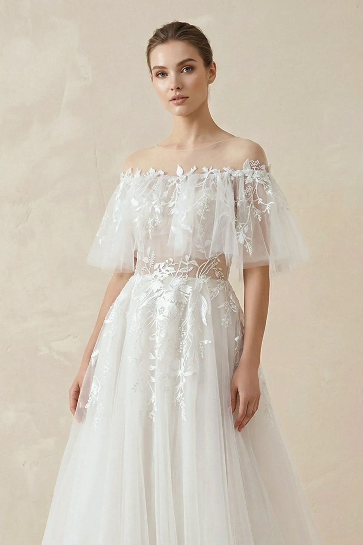 Off-the-Shoulder Tulle A-Line Wedding Dress with Appliques sold by KissProm product image thumbnail 3