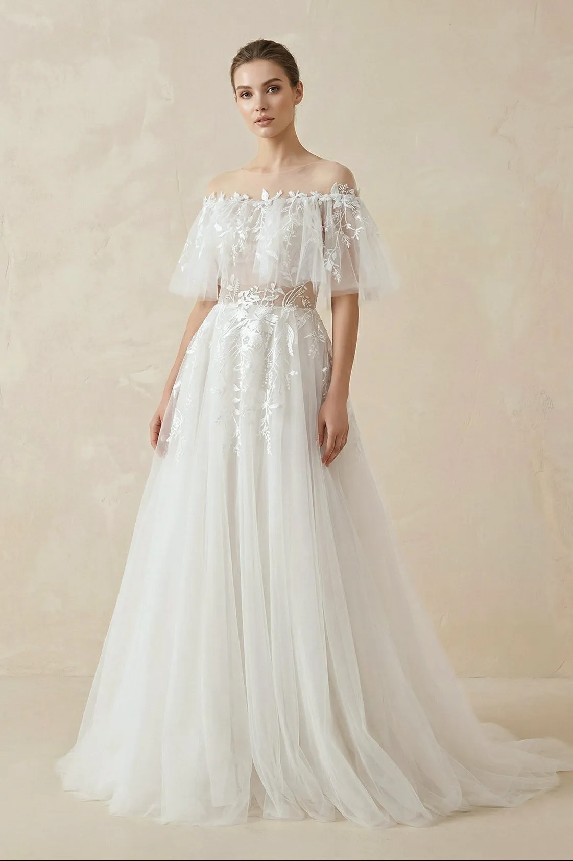 Off-the-Shoulder Tulle A-Line Wedding Dress with Appliques sold by KissProm