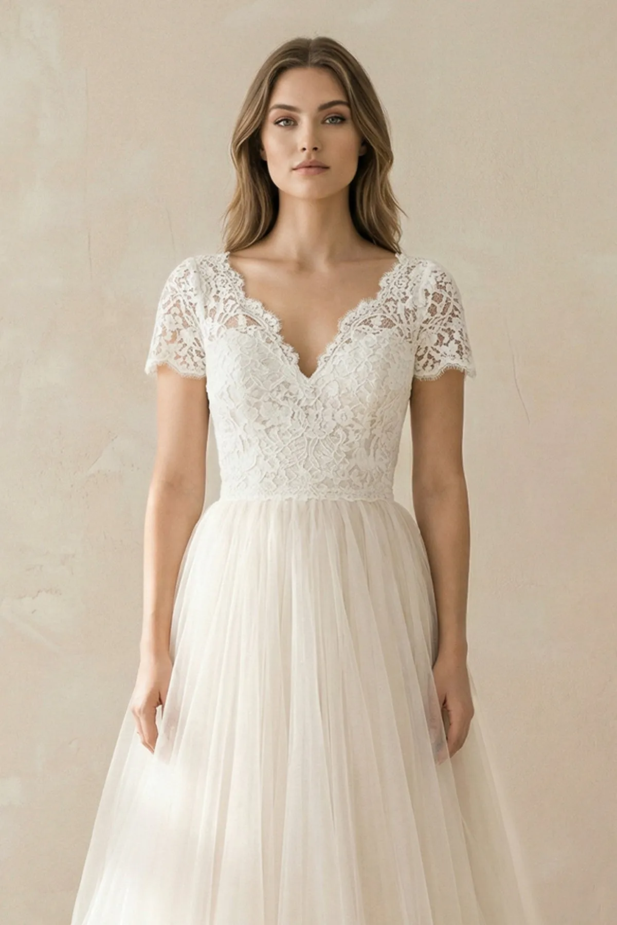 Champagne Lace Cap Sleeve A-Line Wedding Dress sold by KissProm product image thumbnail 3