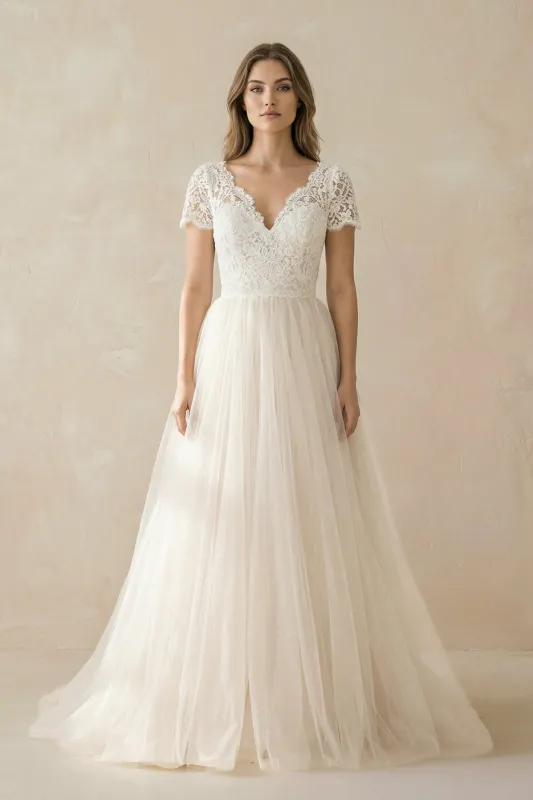 Champagne Lace Cap Sleeve A-Line Wedding Dress made by KissProm