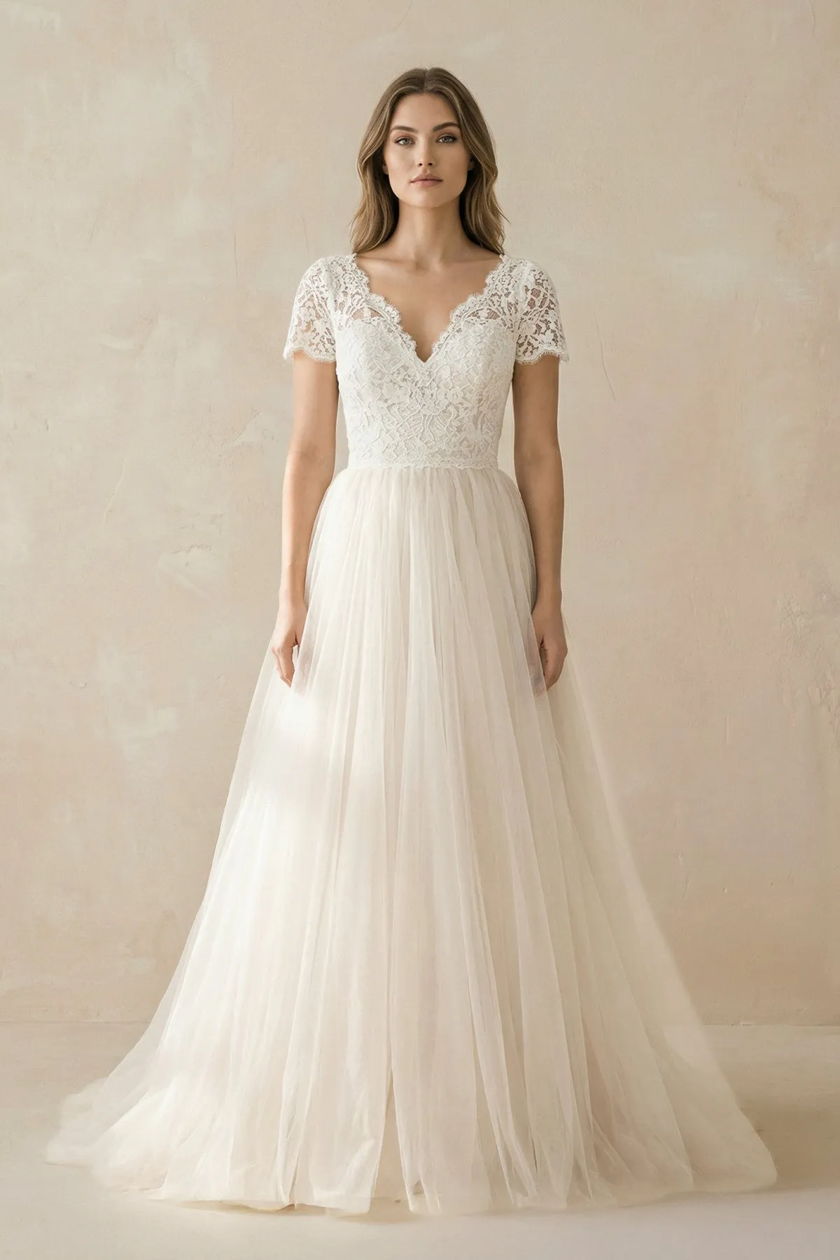 Champagne Lace Cap Sleeve A-Line Wedding Dress sold by KissProm