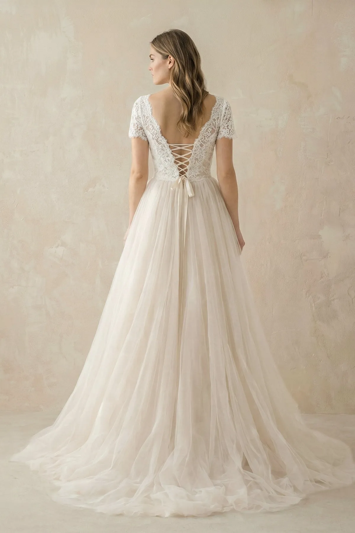 Champagne Lace Cap Sleeve A-Line Wedding Dress sold by KissProm product image thumbnail 2