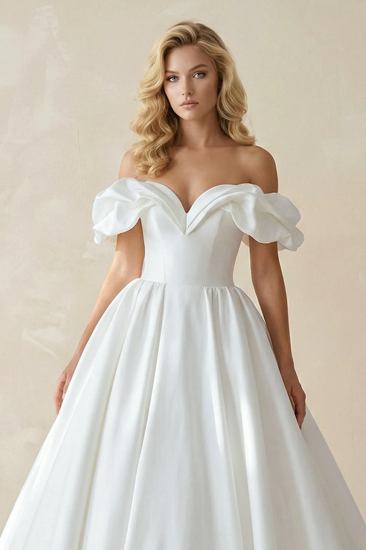 Off-the-Shoulder Satin Ball Gown Wedding Dress in White sold by KissProm product image thumbnail 3
