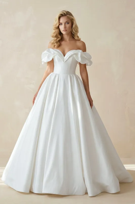 Off-the-Shoulder Satin Ball Gown Wedding Dress in White made by KissProm