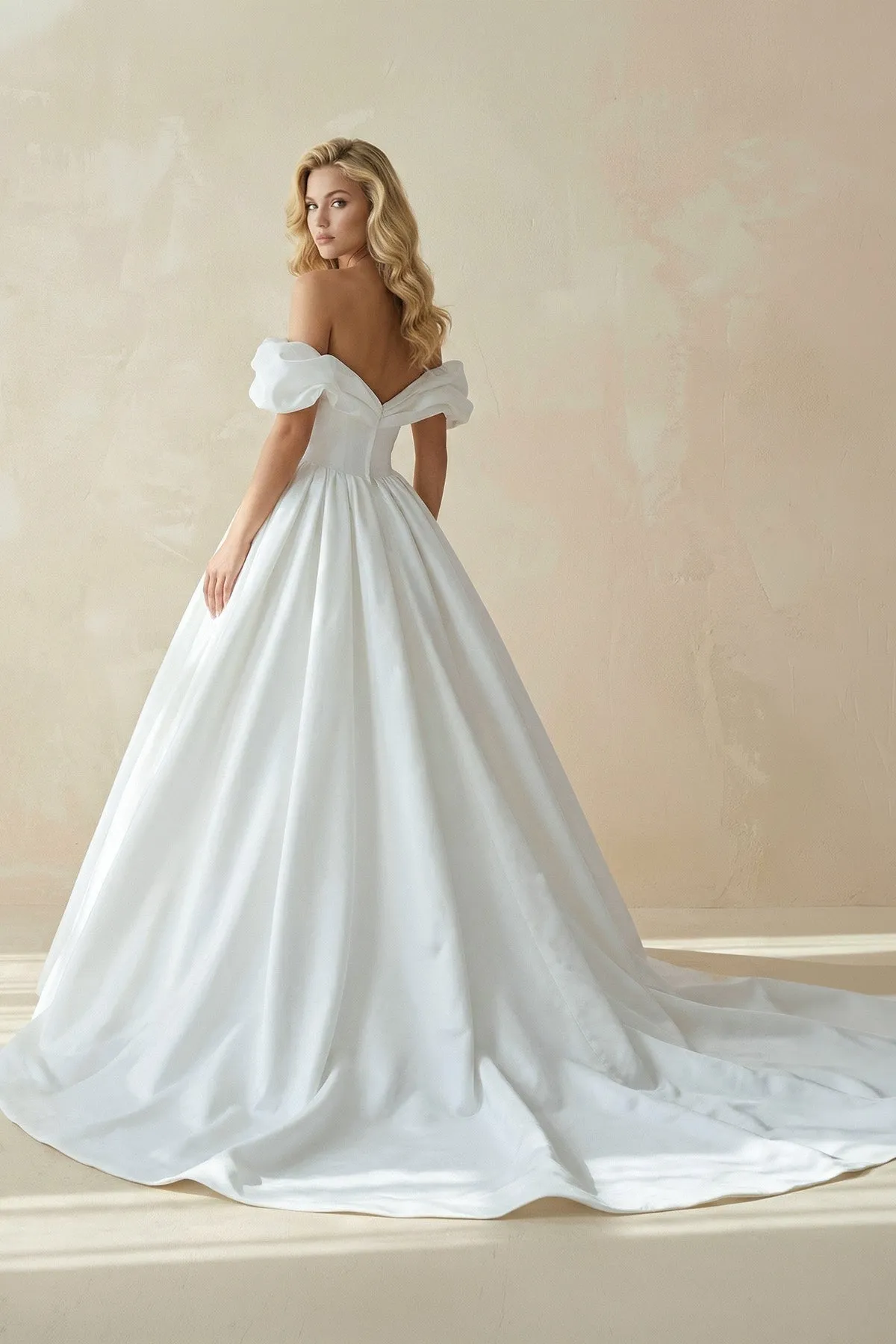 Off-the-Shoulder Satin Ball Gown Wedding Dress in White sold by KissProm product image thumbnail 2