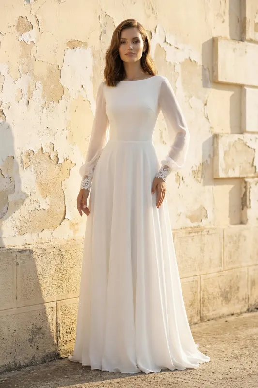 A Line Long Sleeves Chiffon Wedding Dress in White made by KissProm