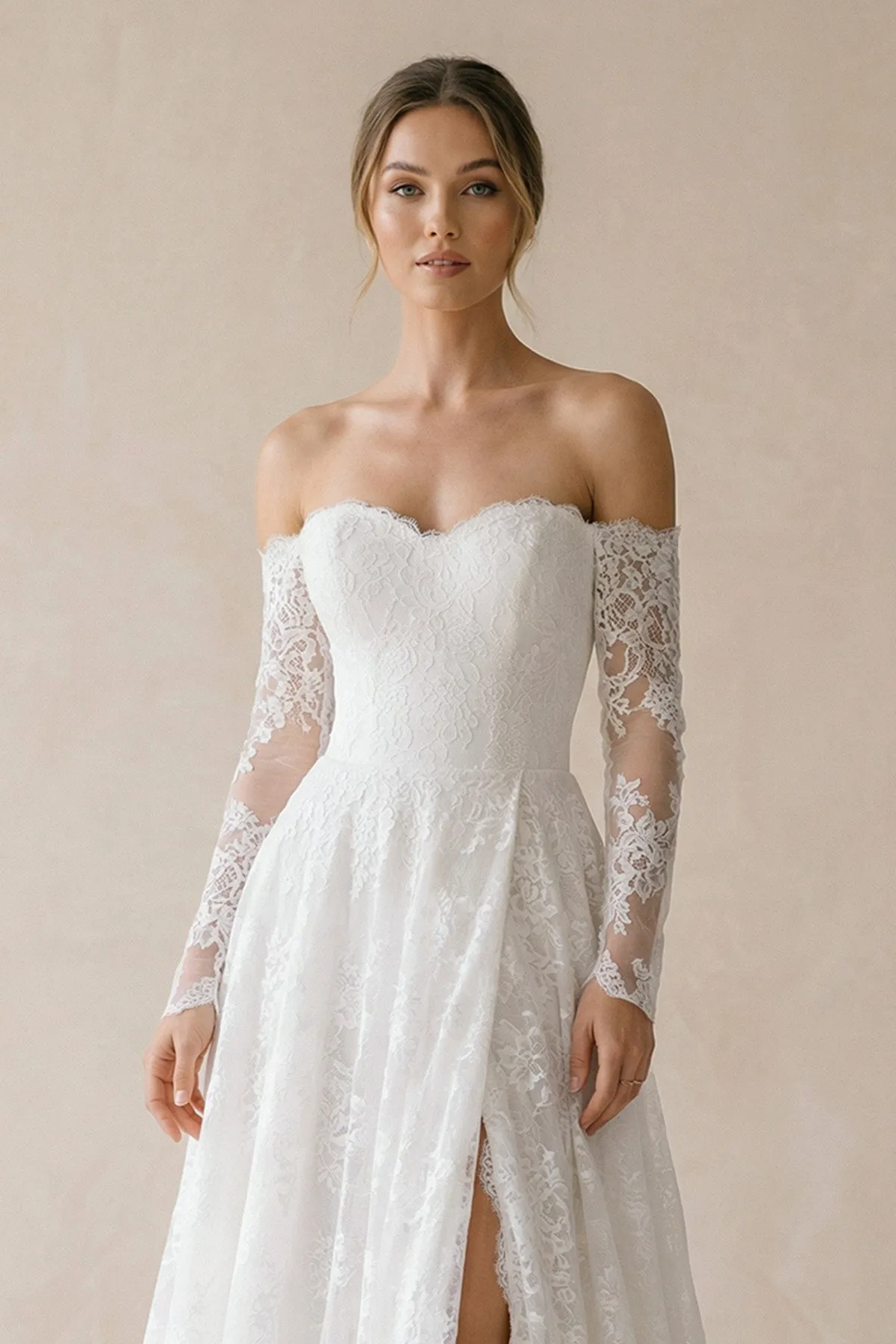 A Line Off-the-Shoulder Lace Wedding Dress With Slit in White sold by KissProm product image thumbnail 3