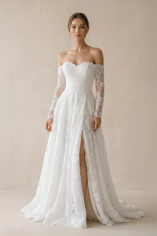 A Line Off-the-Shoulder Lace Wedding Dress With Slit in White made by KissProm