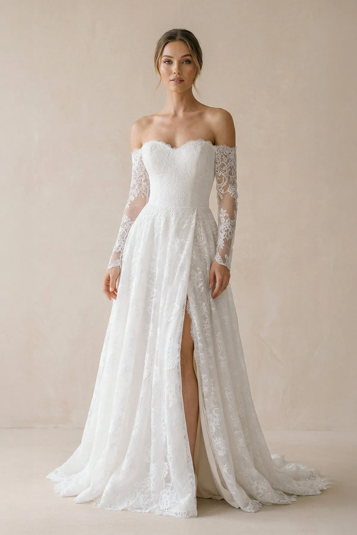 A Line Off-the-Shoulder Lace Wedding Dress With Slit in White sold by KissProm