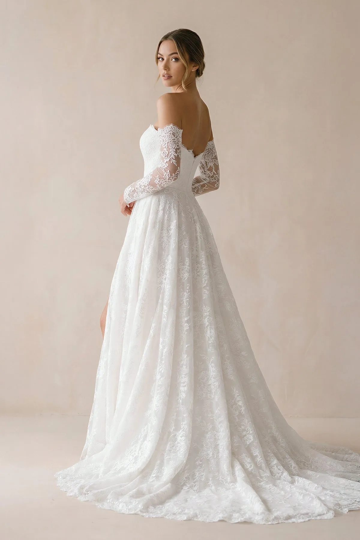 A Line Off-the-Shoulder Lace Wedding Dress With Slit in White sold by KissProm product image thumbnail 2