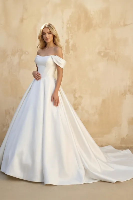 Ball-Gown Off the Shoulder Satin Wedding Dresses in White made by KissProm