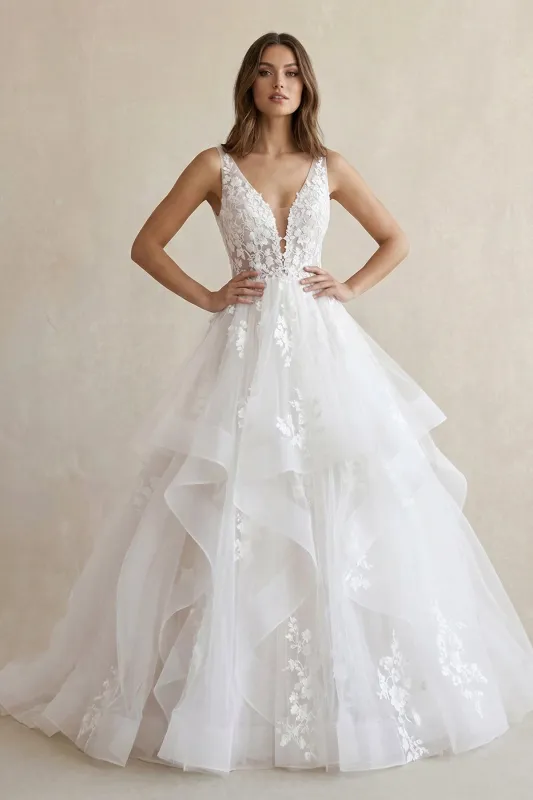 White A-Line V-Neck Wedding Dresses with Appliques made by KissProm