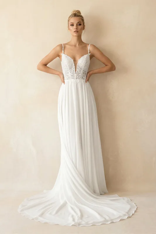 A-Line V-Neck Lace Chiffon Wedding Dresses in White made by KissProm