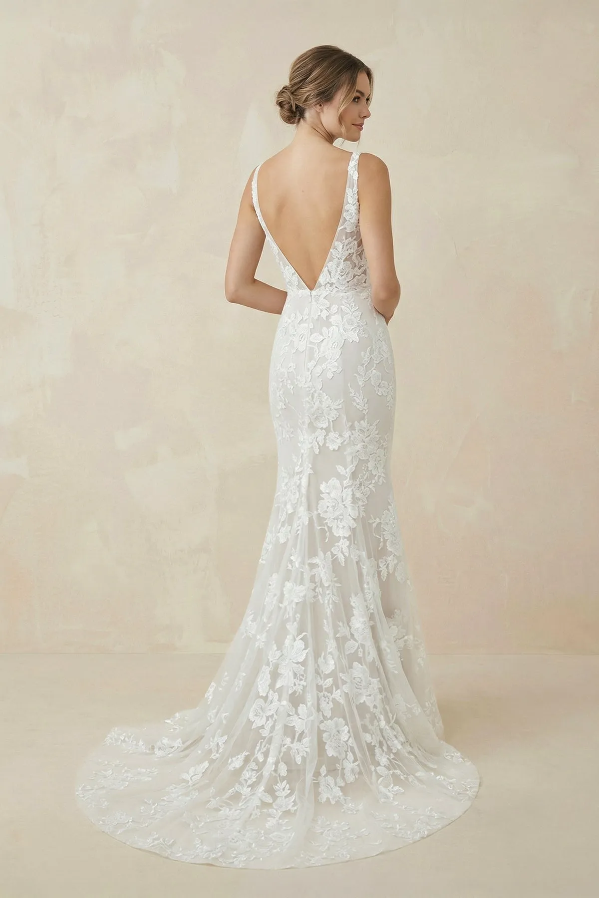 White and Nude V Neck Lace Mermaid Wedding Dress sold by KissProm product image thumbnail 2