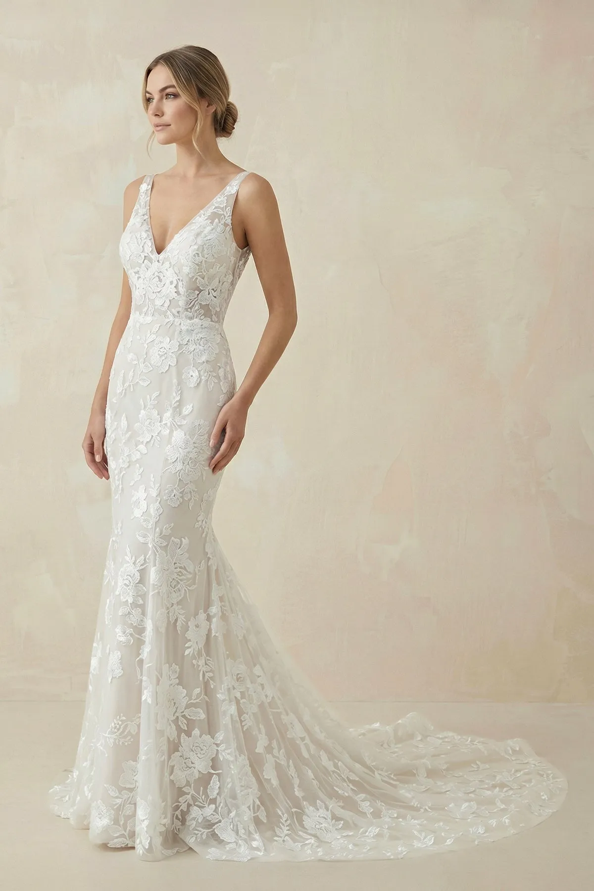 White and Nude V Neck Lace Mermaid Wedding Dress sold by KissProm product image thumbnail 3