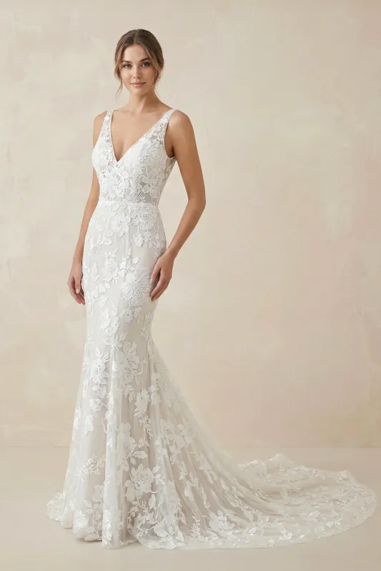 White and Nude V Neck Lace Mermaid Wedding Dress made by KissProm