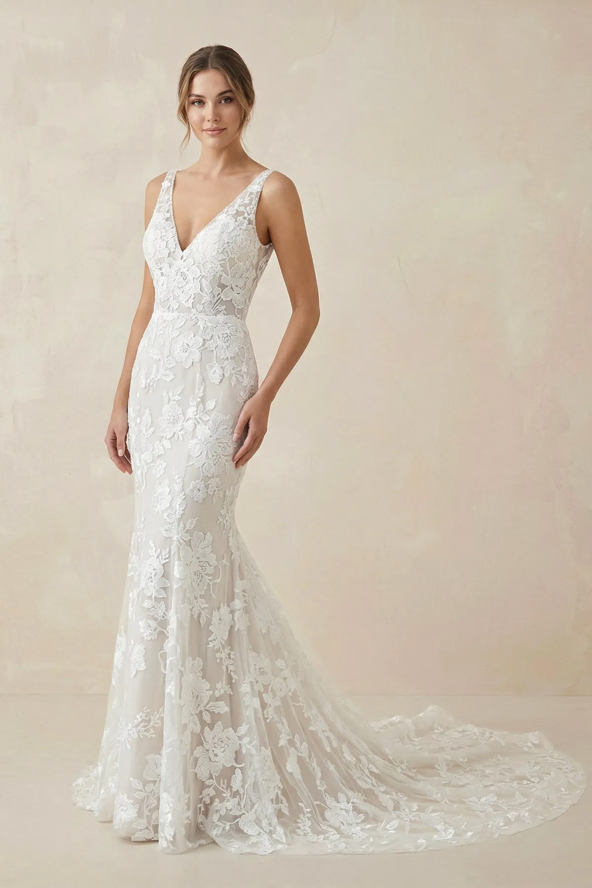 White and Nude V Neck Lace Mermaid Wedding Dress sold by KissProm