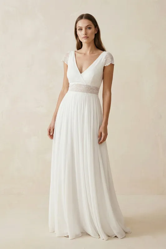 A Line Cap Sleeves Lace Chiffon Wedding Dress in Ivory made by KissProm