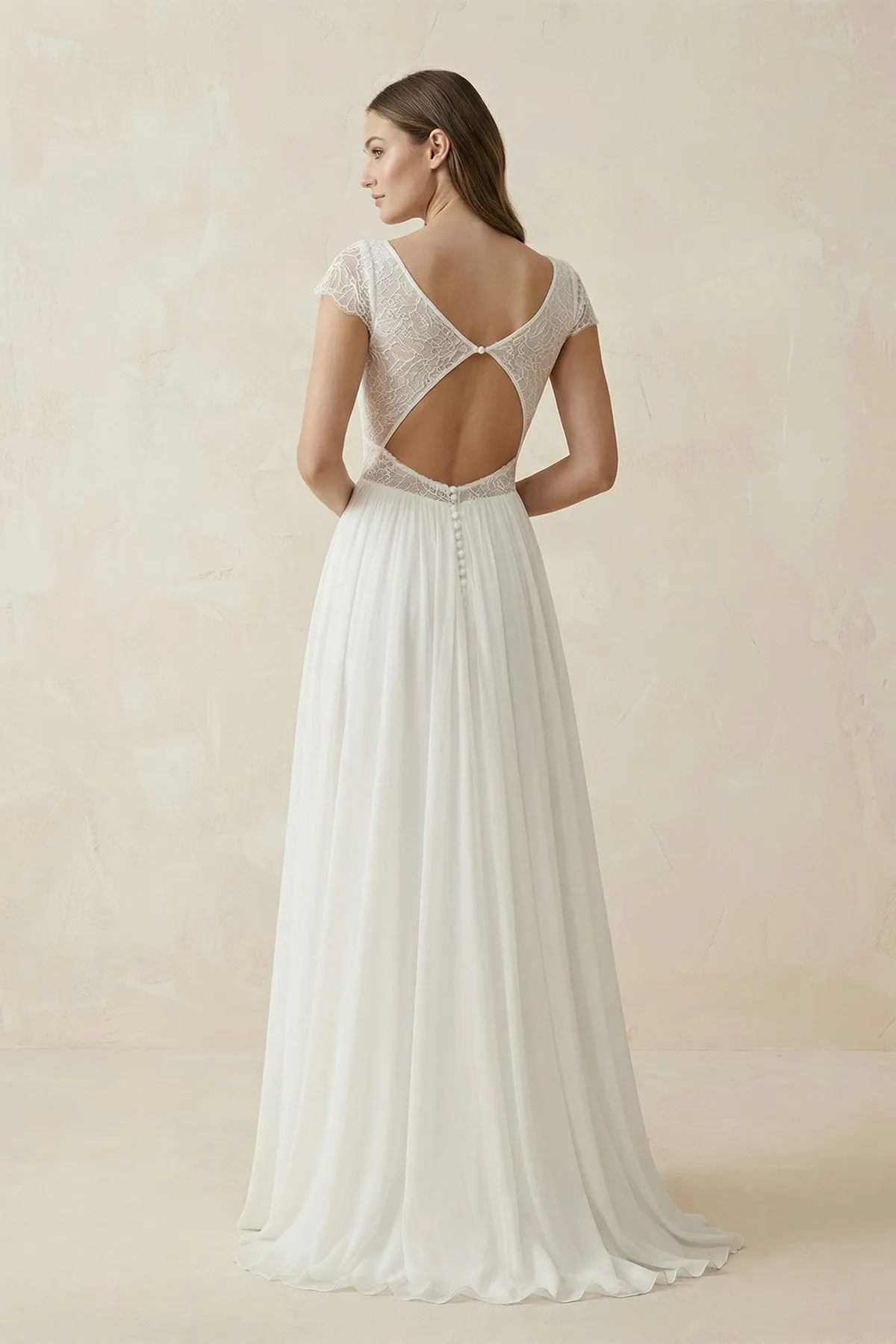 A Line Cap Sleeves Lace Chiffon Wedding Dress in Ivory sold by KissProm product image thumbnail 2