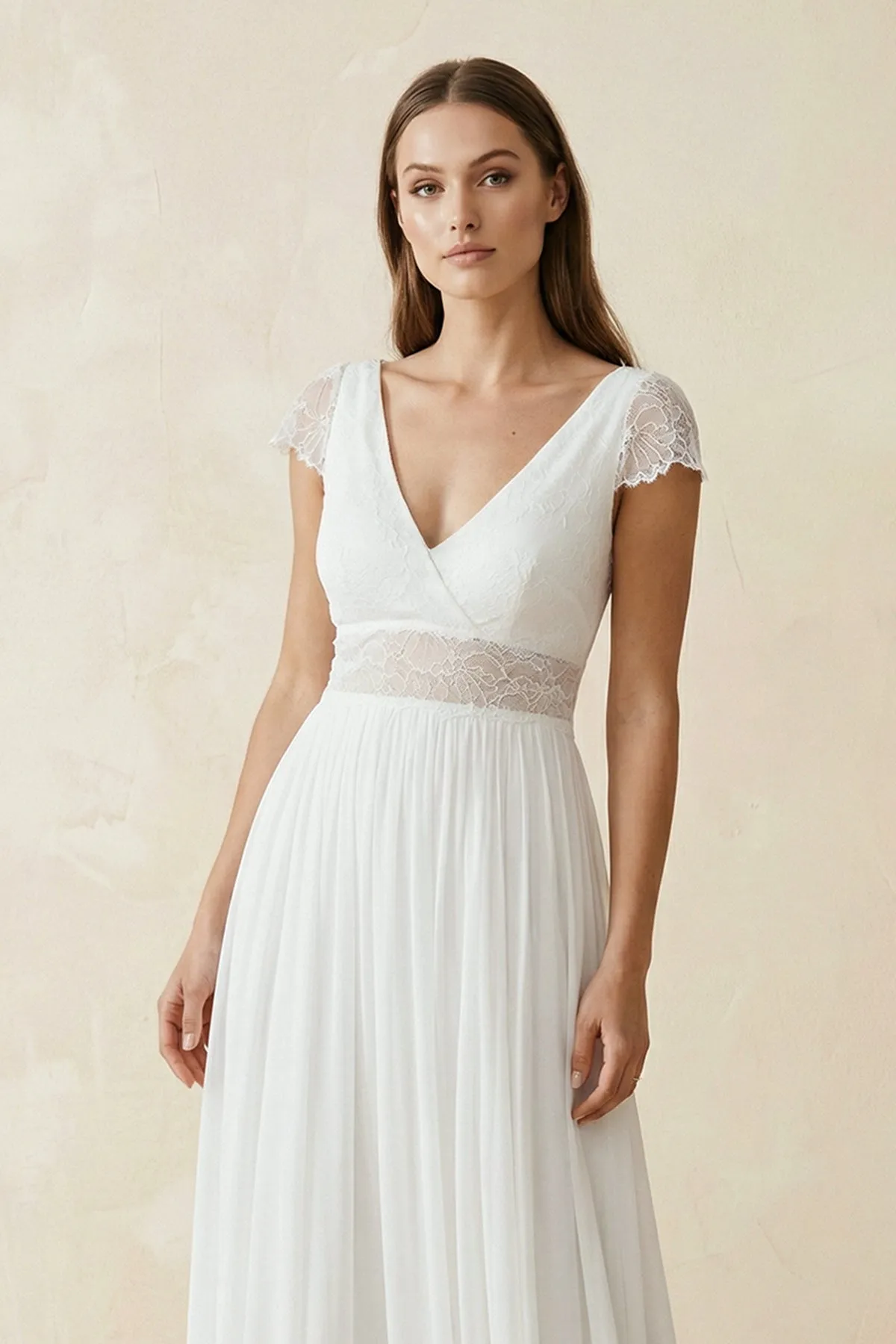 A Line Cap Sleeves Lace Chiffon Wedding Dress in Ivory sold by KissProm product image thumbnail 3