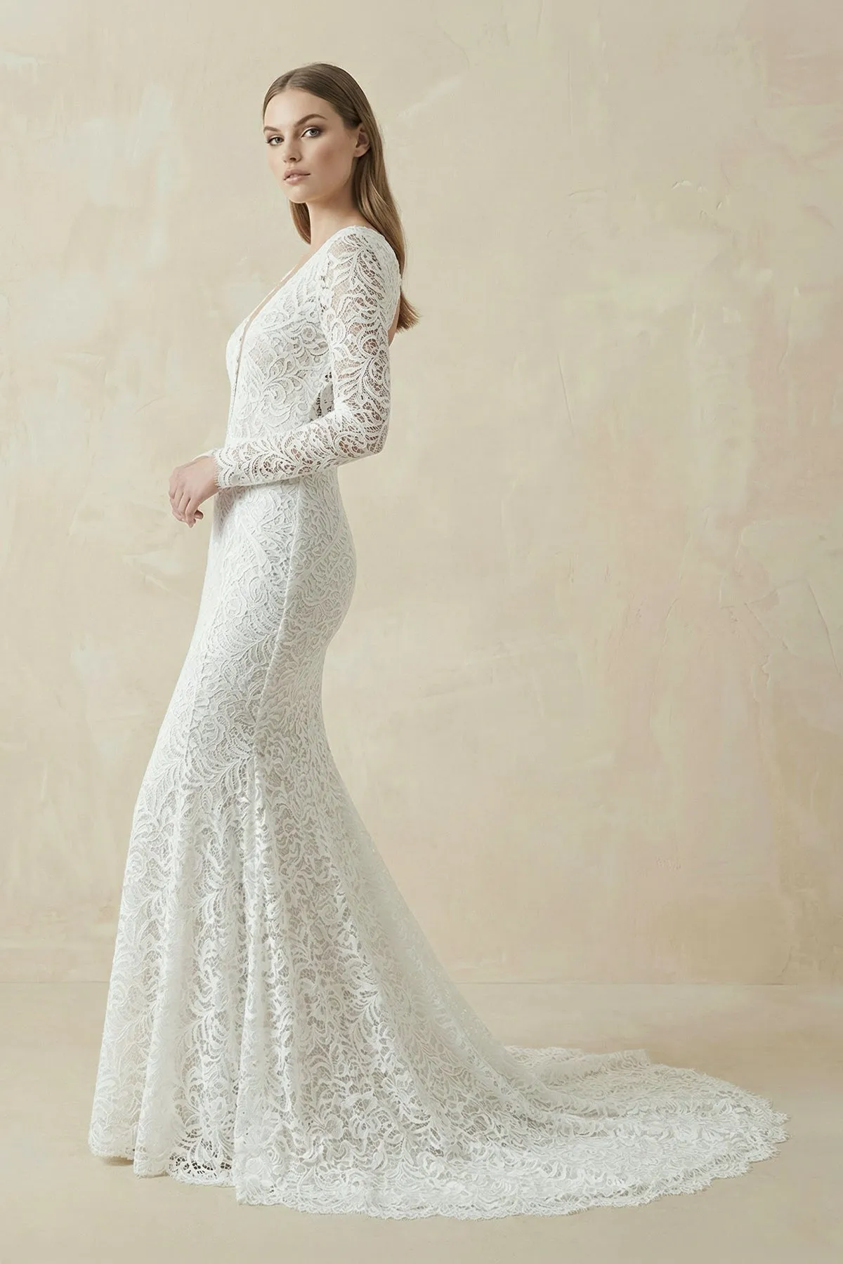 Mermaid Lace V-Neck Long Sleeves Wedding Dress in White sold by KissProm product image thumbnail 3