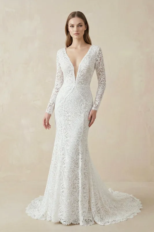 Mermaid Lace V-Neck Long Sleeves Wedding Dress in White made by KissProm