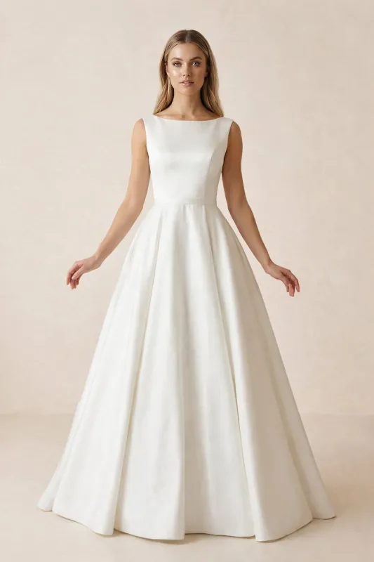 A Line Bateau Neck Satin Wedding Dress in Ivory made by KissProm
