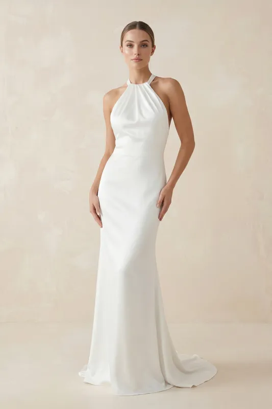 Simple Mermaid Halter Satin Wedding Dress made by KissProm