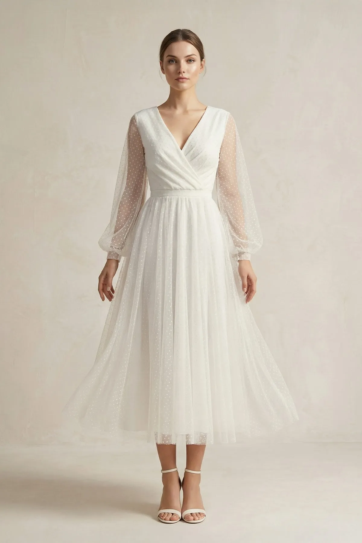 A Line Tulle Long Sleeves Wedding Dress in Ivory sold by KissProm
