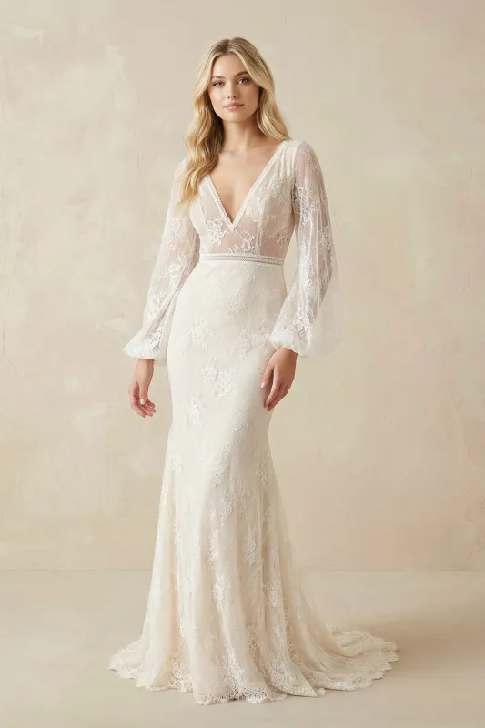 V-Neck Long Sleeve Mermaid Lace Wedding Dresses made by KissProm