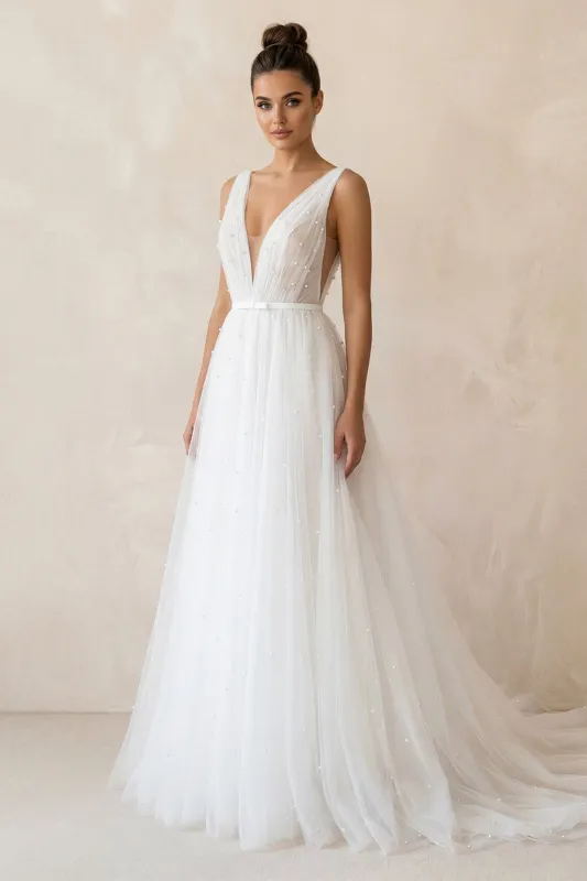 A Line V-Neck Tulle Wedding Dress in White made by KissProm
