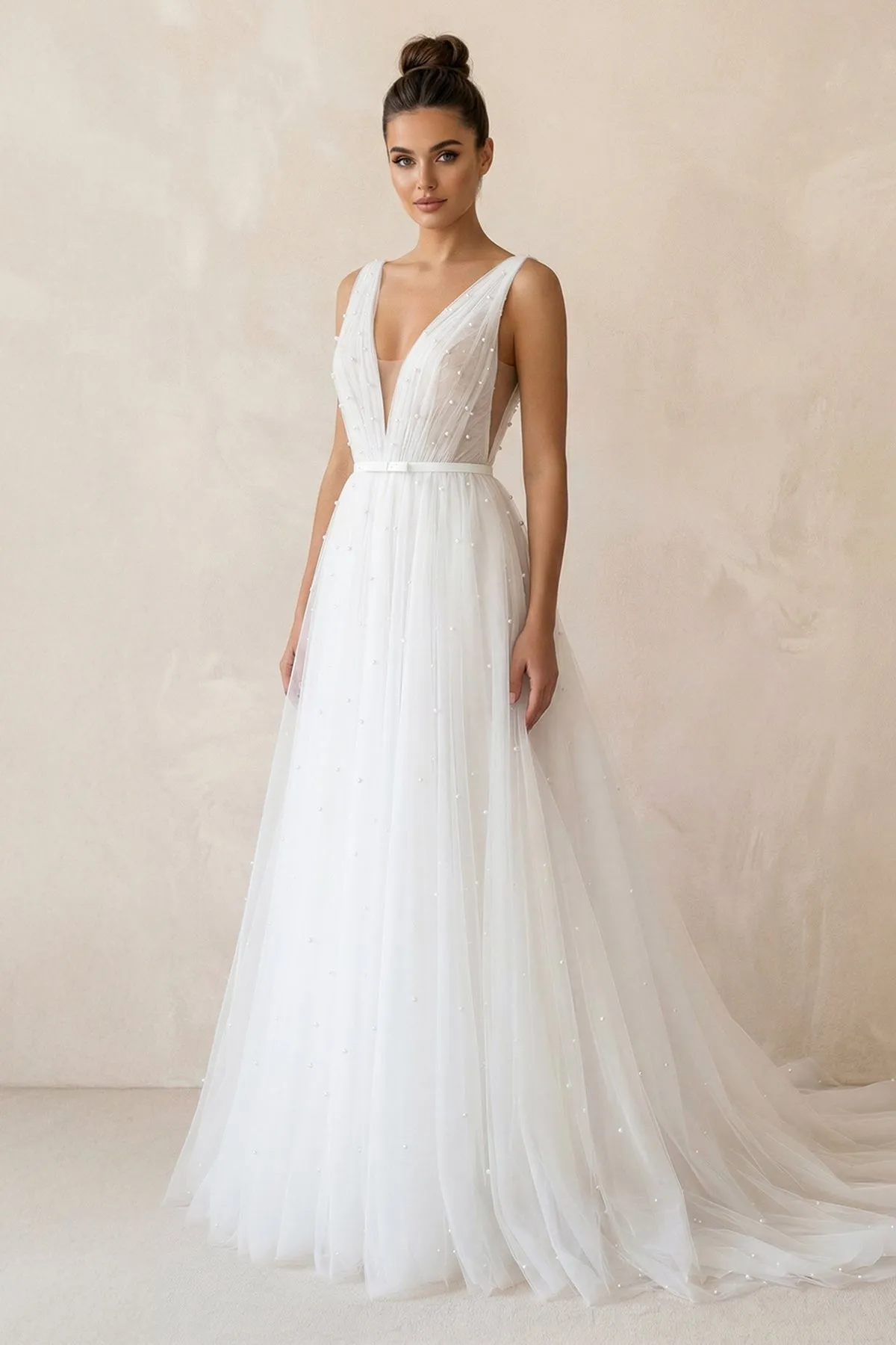 A Line V-Neck Tulle Wedding Dress in White sold by KissProm