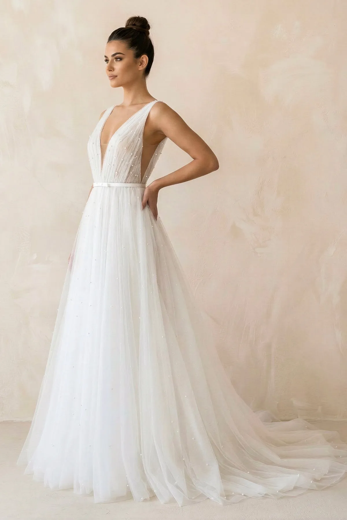 A Line V-Neck Tulle Wedding Dress in White sold by KissProm product image thumbnail 3