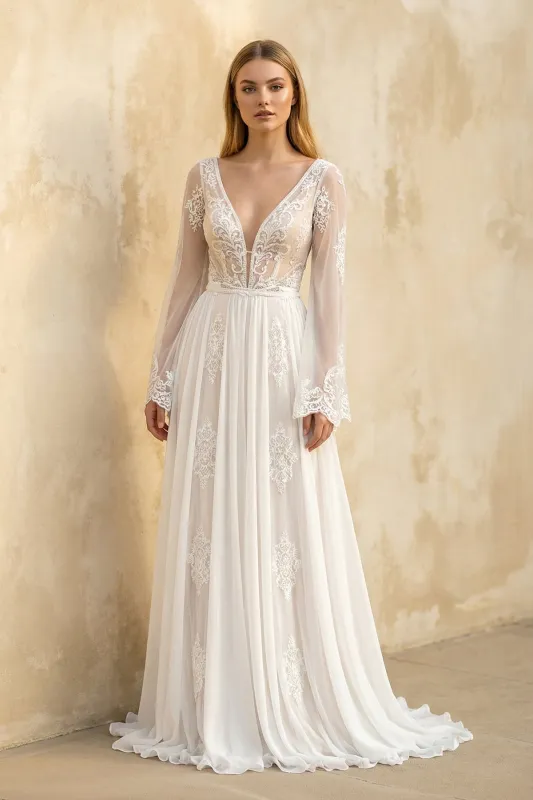 A-Line Long Sleeves Lace Wedding Dress in White made by KissProm