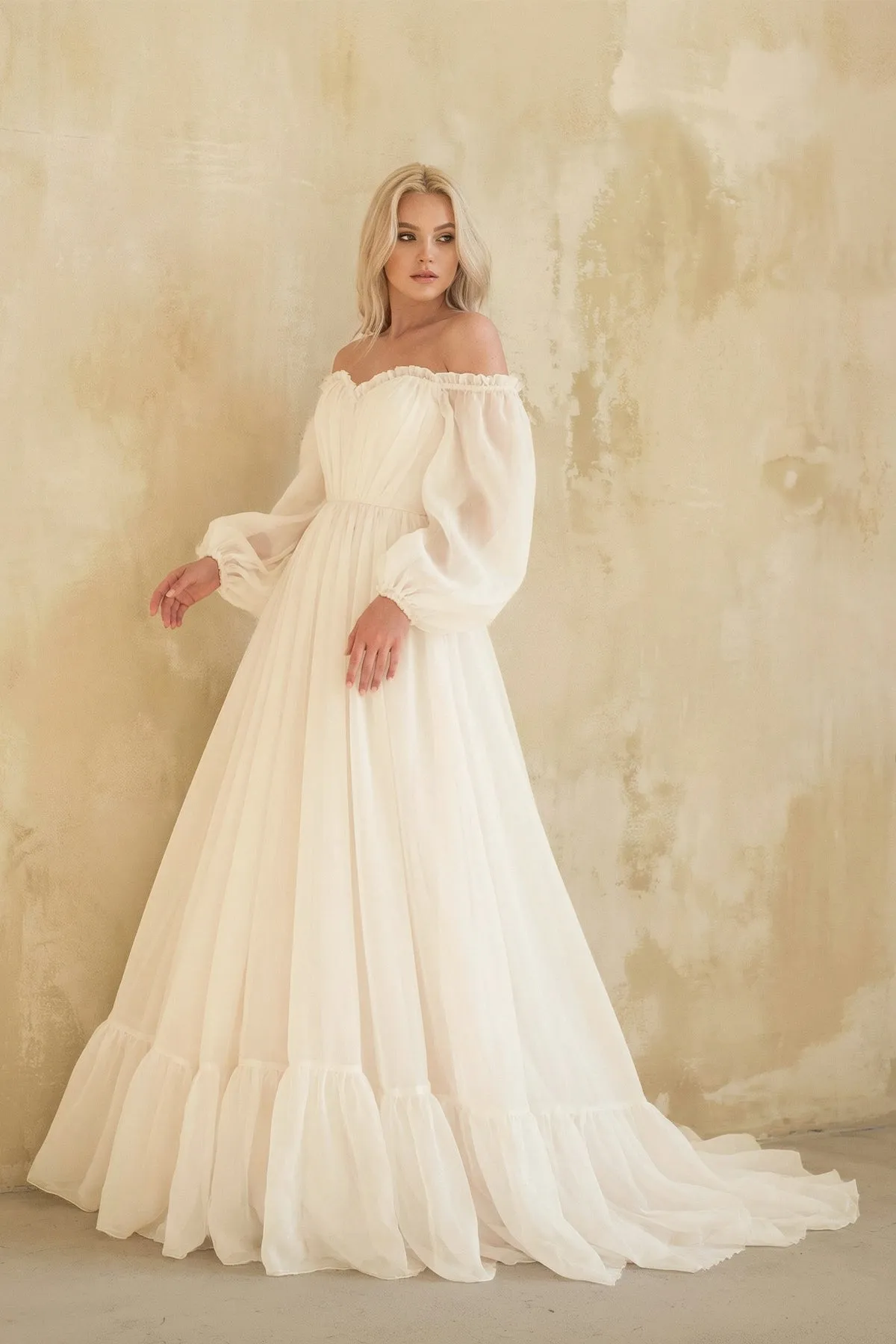 Sweetheart Long Sleeves Tulle Wedding Dress in Ivory sold by KissProm