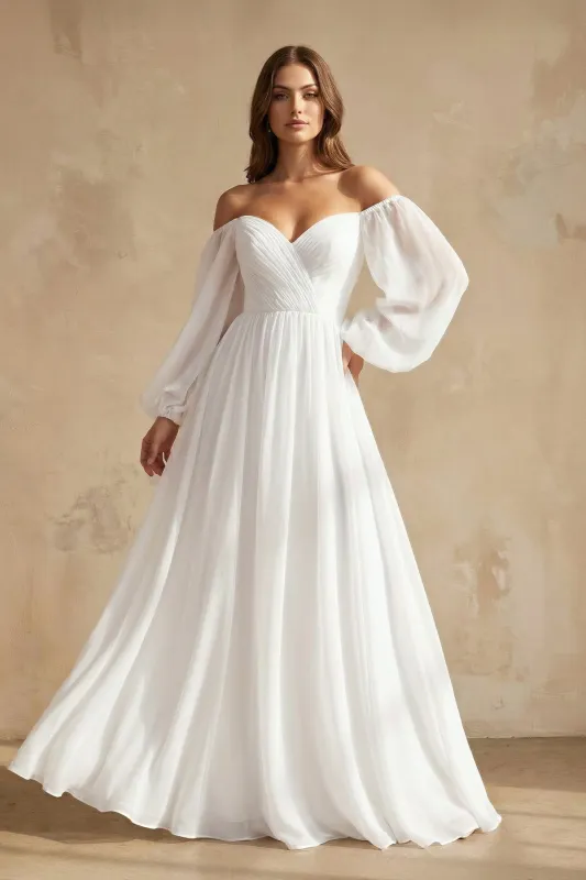A Line Off The Shoulder Long Sleeves Chiffon Wedding Dress made by KissProm