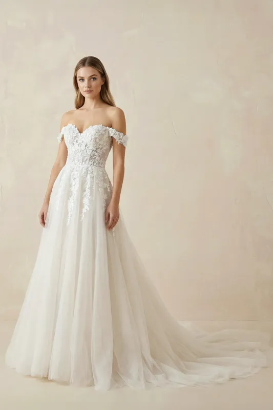 A Line Off-the-Shoulder Appliques Wedding Dress in Ivory made by KissProm