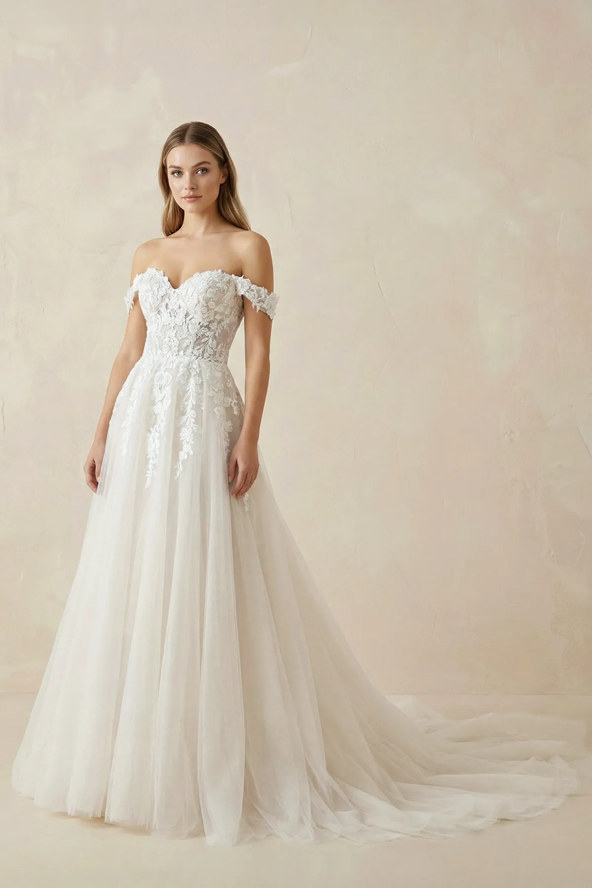 A Line Off-the-Shoulder Appliques Wedding Dress in Ivory sold by KissProm