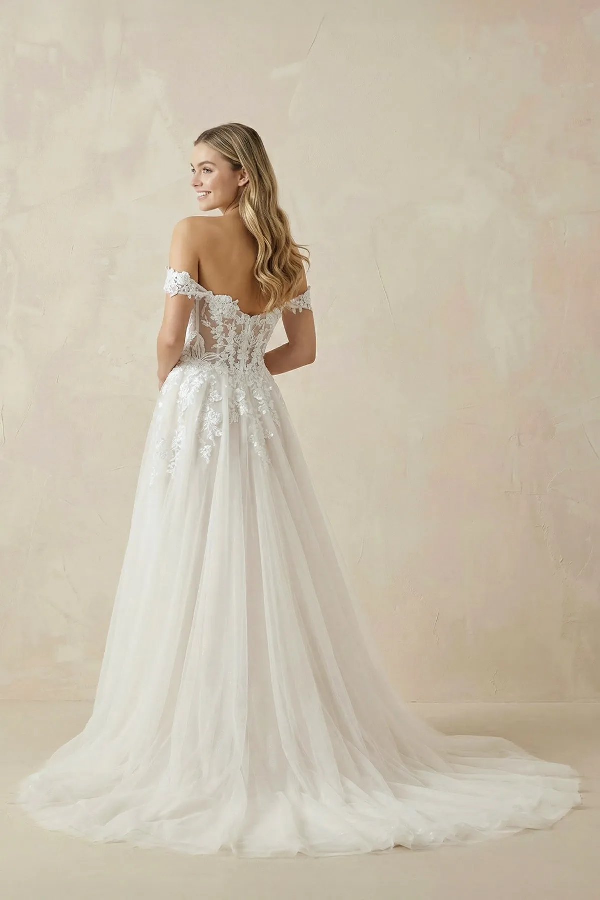 A Line Off-the-Shoulder Appliques Wedding Dress in Ivory sold by KissProm product image thumbnail 2