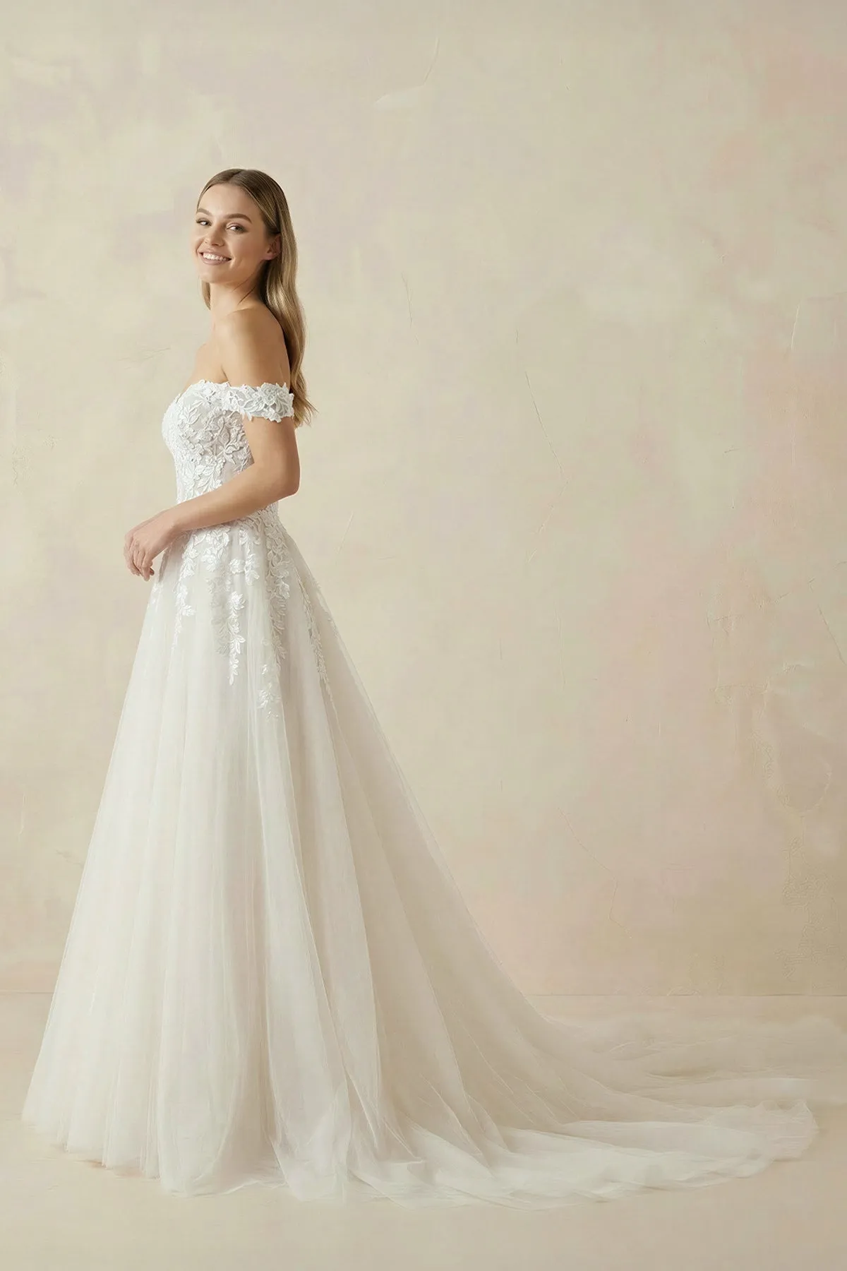 A Line Off-the-Shoulder Appliques Wedding Dress in Ivory sold by KissProm product image thumbnail 3