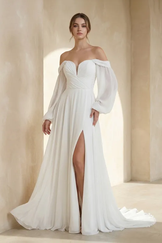 A-Line Sweetheart Long Sleeves Chiffon Wedding Dress made by KissProm
