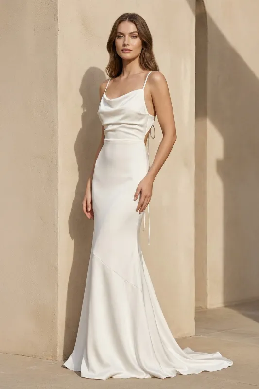 Spaghetti Straps Satin Mermaid Wedding Dress in Ivory made by KissProm