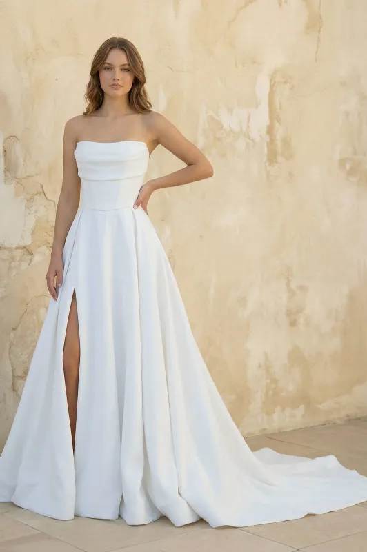 Strapless A Line Satin Wedding Dress With Slit in White made by KissProm