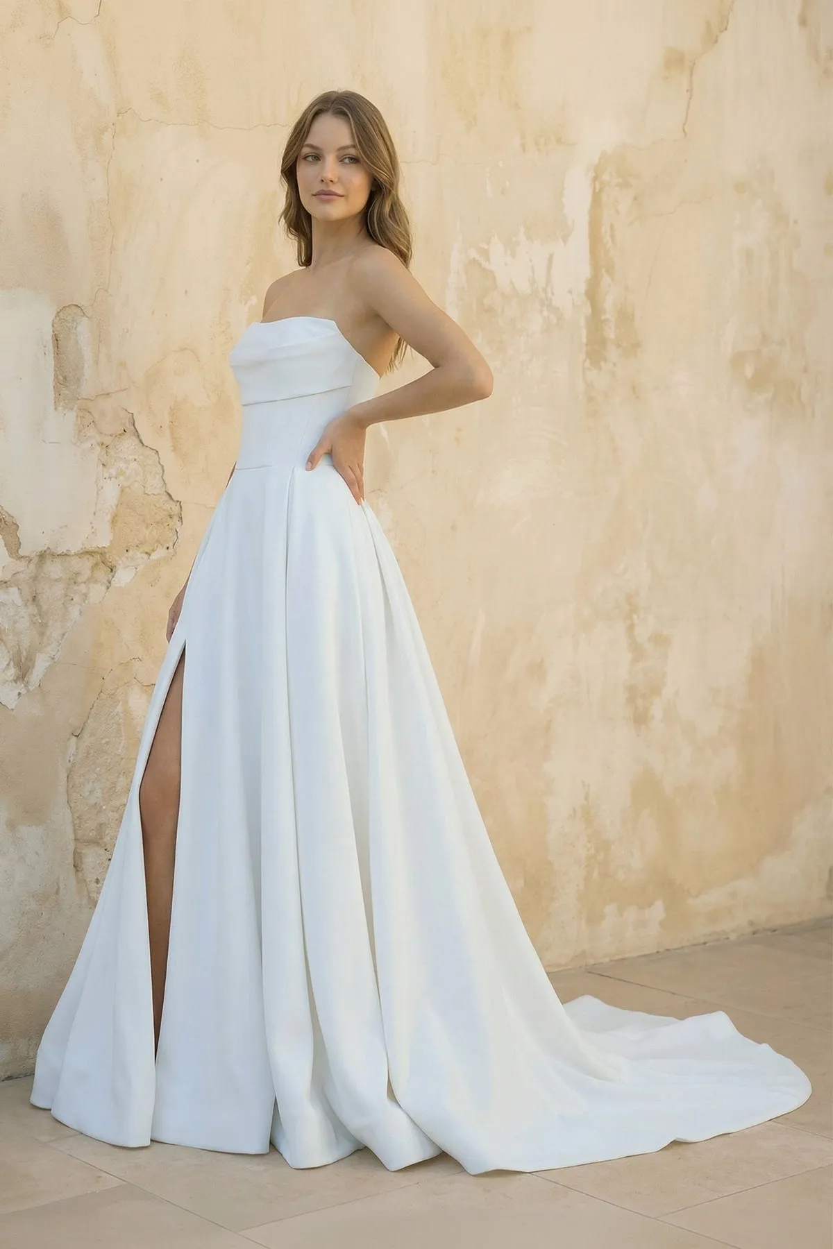 Strapless A Line Satin Wedding Dress With Slit in White sold by KissProm product image thumbnail 3