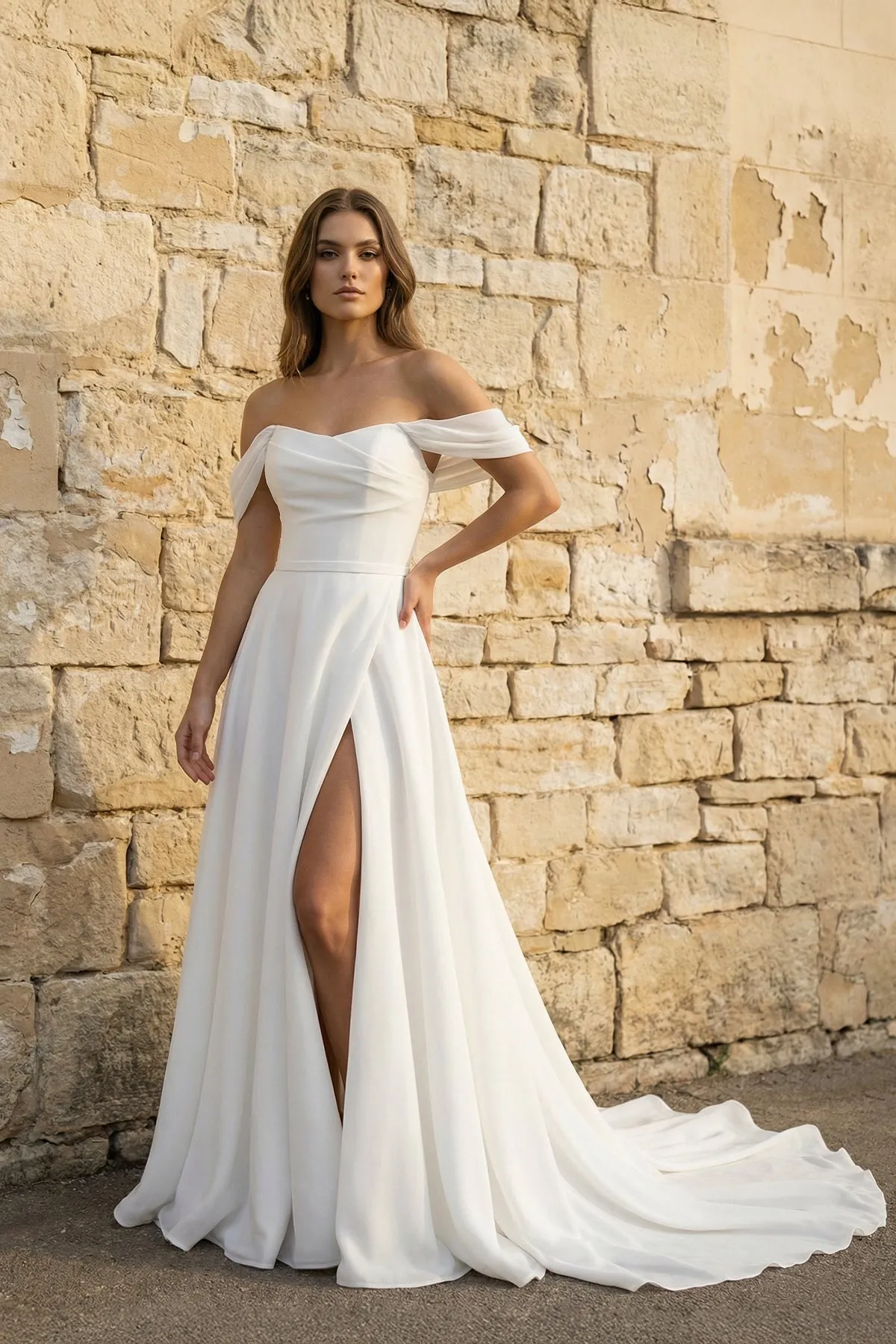 Off The Shoulder Chiffon Wedding Dress With Slit in White sold by KissProm