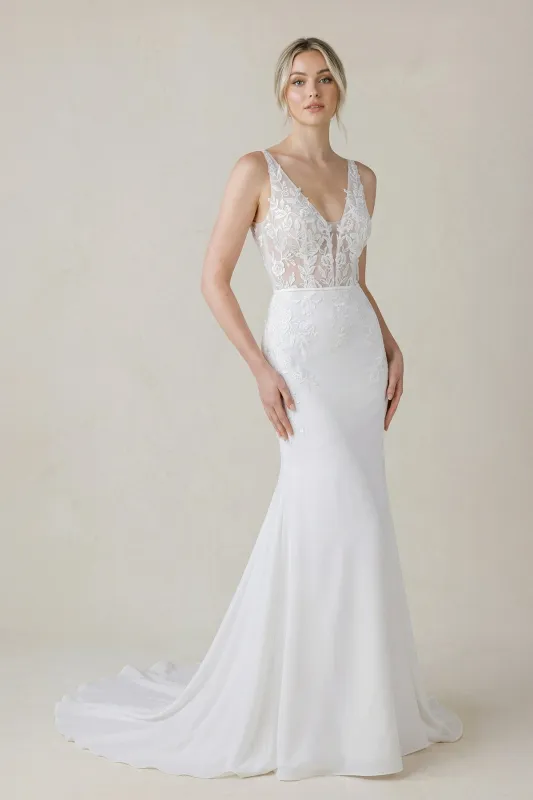 V Neck Satin Mermaid Wedding Dress in White made by KissProm