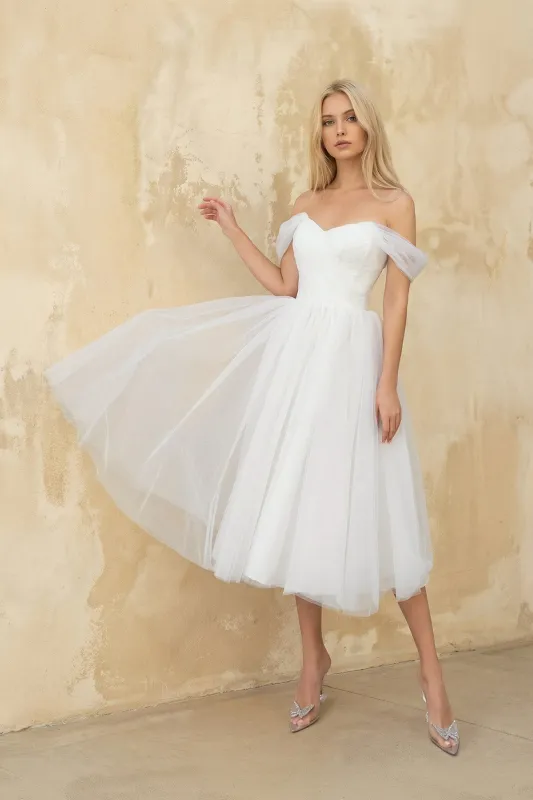 A Line Off-The-Shoulder Tulle Wedding Dress in White made by KissProm