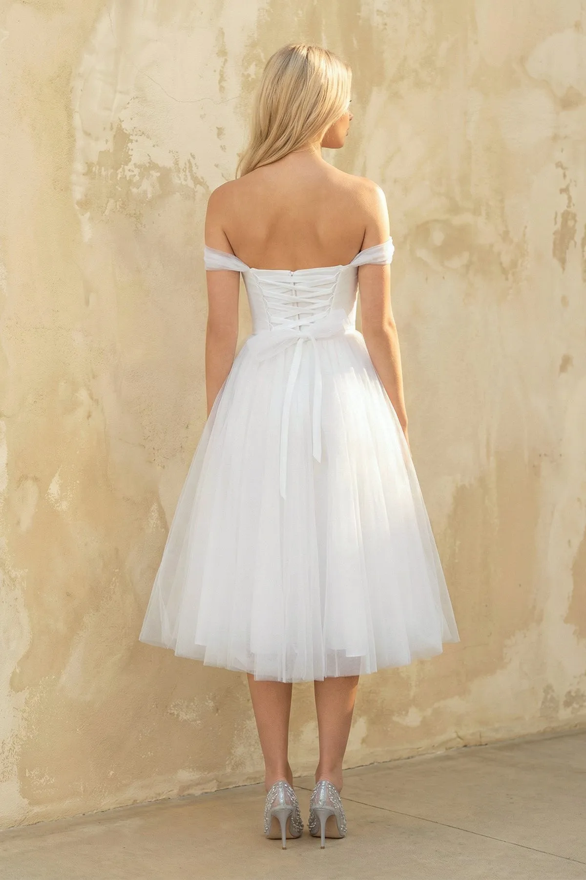 A Line Off-The-Shoulder Tulle Wedding Dress in White sold by KissProm product image thumbnail 2