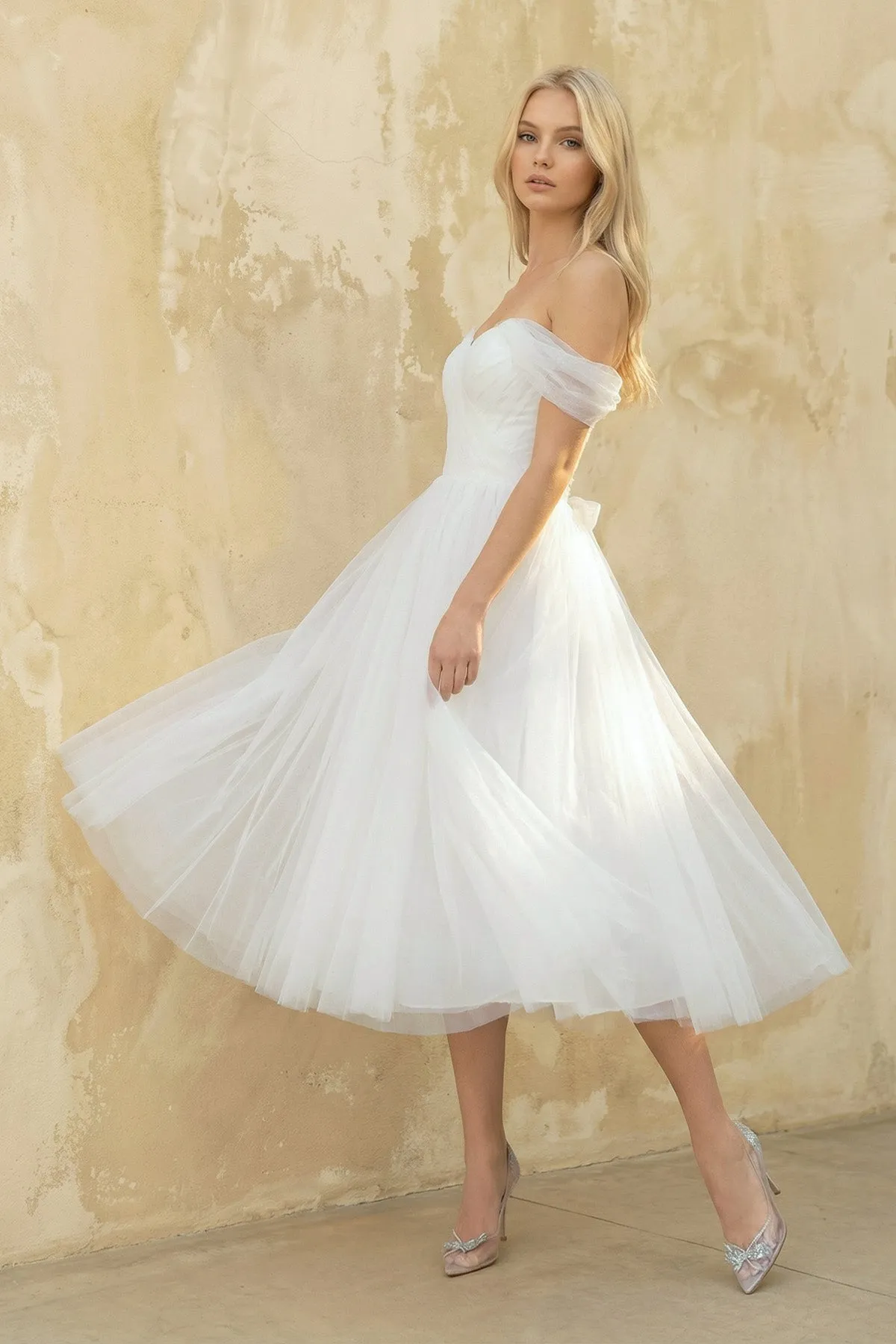 A Line Off-The-Shoulder Tulle Wedding Dress in White sold by KissProm product image thumbnail 3
