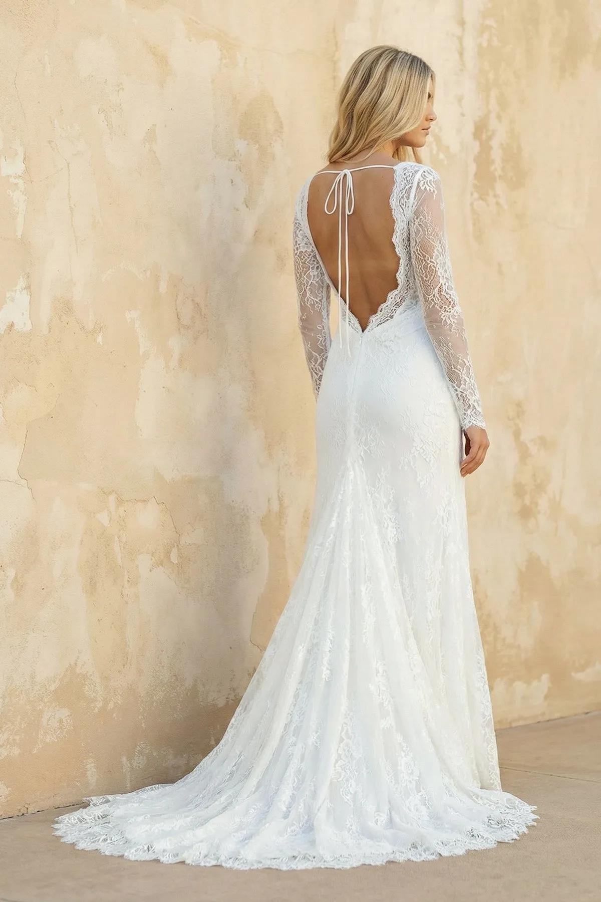 Mermaid V Neck Long Sleeves Lace Wedding Dress in Ivory sold by KissProm product image thumbnail 2